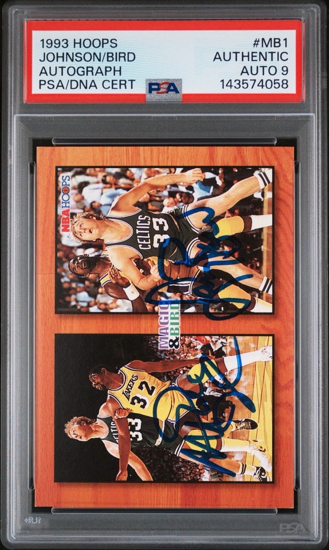 JOHNSON LARRY BIRD MAGIC HOOPS DUAL AUTO #MB1 1993 PSA 9: JOHNSON LARRY BIRD MAGIC HOOPS DUAL AUTO #MB1 1993 PSA 9 Item Specifics: Card Size: Standard Autographed: Yes Set: 1993-94 NBA Hoops Autograph Format: Hard Signed Signed By: Larry Bird Magic Johnson P