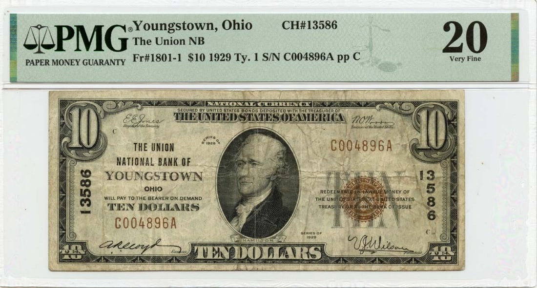 1929 Ty$10 Union Nat'l Bank YoungstownOH CH#13586 PMG VF30: 1929 Ty$10 Union Nat'l Bank YoungstownOH CH#13586 PMG VF30 The 1929 $10 Union National Bank note is a circulated example, graded VF30 by PMG, featuring a notable signature and a unique serial number (