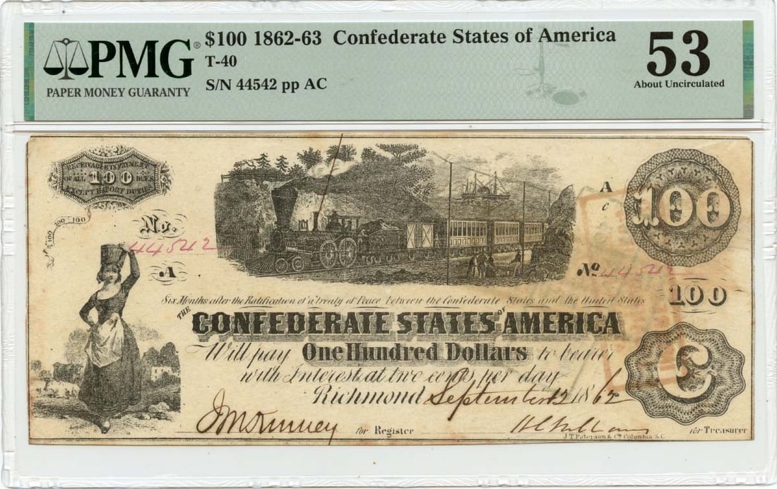 1862 $100 Confederate States of America T-40 CSA PMG AU53: 1862 $100 Confederate States of America T-40 CSA PMG AU53 Item Specifics: Certification: PMG Certification Number: 2196626024 Grade: AU53 Circulated/Uncirculated: Circulated Denomination: Confederate 