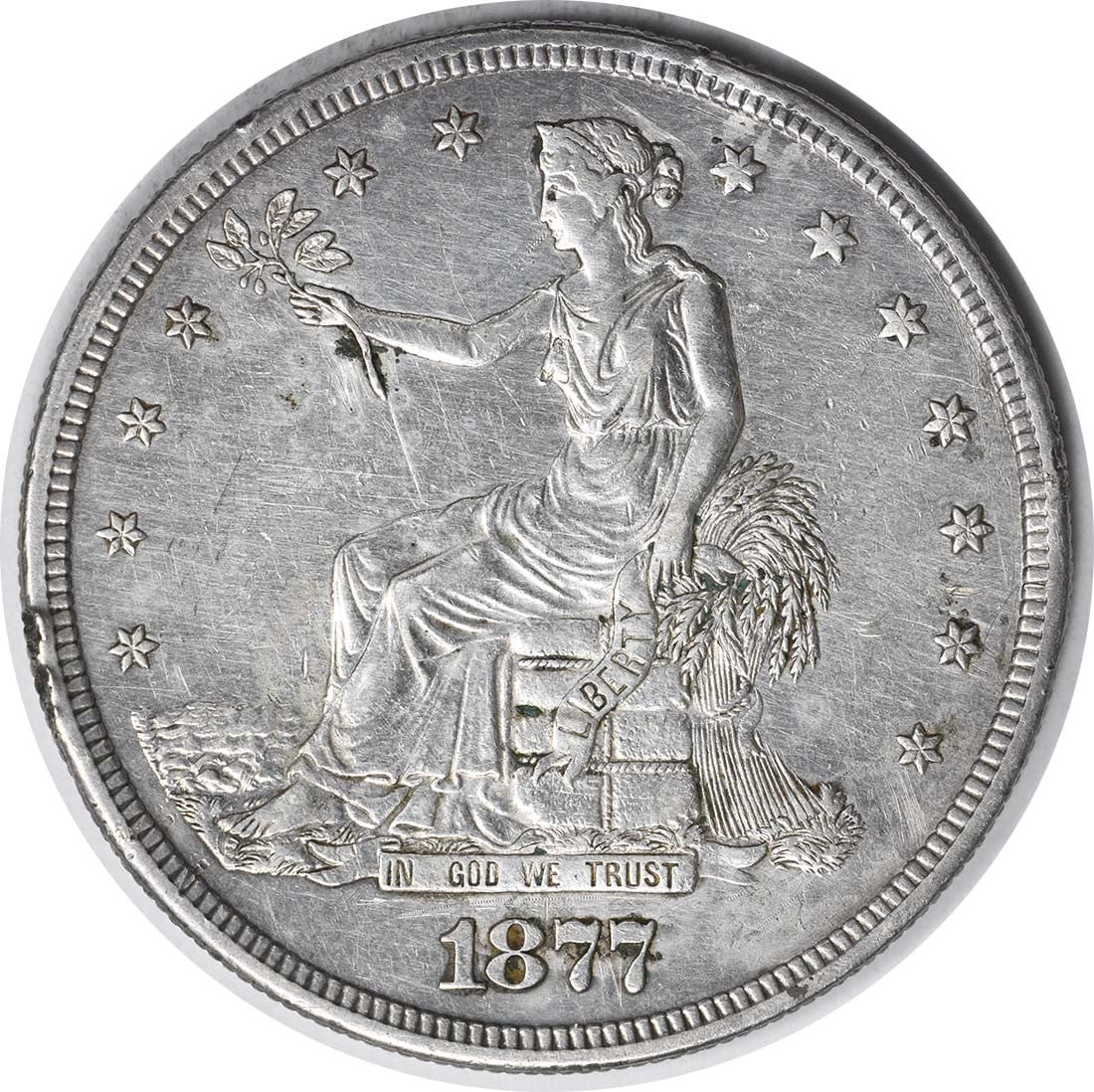 Trade Silver Dollar 1877 S EF Uncertified: Trade Silver Dollar 1877 S EF Uncertified The 1877 San Francisco Trade Silver Dollar is a circulated example of this iconic coin, bearing the signature of William Barber, its designer. This EF Uncerti