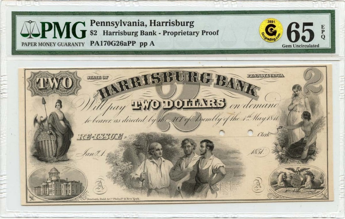 1851 $2 Pennsylvania Obsolete Note Harrisburg Bank PMG GEM 65 EPQ GCC Gold: 1851 $2 Pennsylvania Obsolete Note Harrisburg Bank PMG GEM 65 EPQ GCC Gold The 1851 $2 Pennsylvania Obsolete Note is a rare and historic financial document, certified by PMG as MS65. This Gold note fe