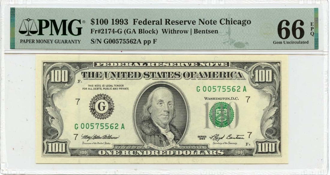 1993 $100 Federal Reserve Note Chicago FR#2174-G PMG GEM 66 EPQ: 1993 $100 Federal Reserve Note Chicago FR#2174-G PMG GEM 66 EPQ The 1993 $100 Federal Reserve Note, graded MS66 by PMG, boasts a stunning appearance with its unique serial number, FR#2174-G, making it