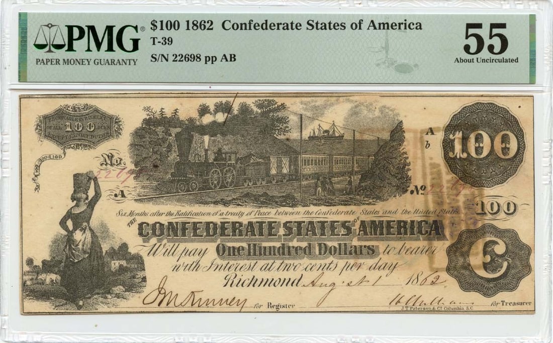 1862 $100 Confederate States of America T-39 CSA PMG AU55: 1862 $100 Confederate States of America T-39 CSA PMG AU55 Item Specifics: Certification: PMG Certification Number: 2196626050 Grade: AU55 Circulated/Uncirculated: Circulated Denomination: Confederate 