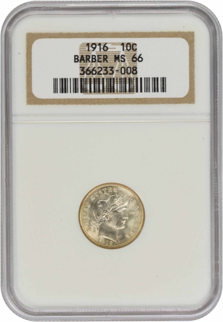 Barber Silver Dime MS66 NGC: Barber Silver Dime MS66 NGC The 1916 Barber Silver Dime is a highly detailed and intricately designed coin, featuring the iconic portrait of Charles E. Barber, its designer. With a grade of MS66 from 