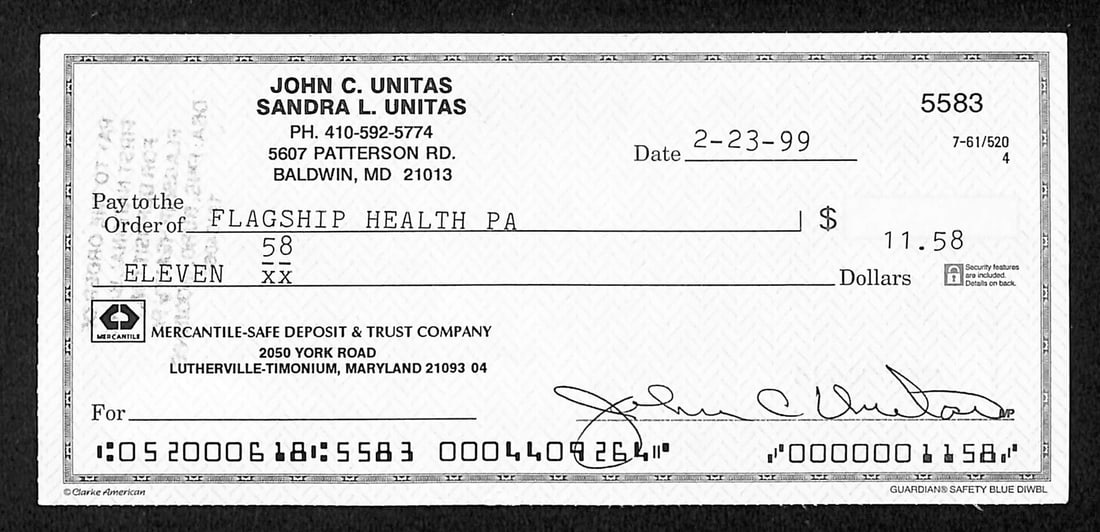 Johnny Unitas HOF Signed/ Autographed 1999 Bank Check Baltimore Colts JSA 199040: Johnny Unitas HOF Signed/ Autographed 1999 Bank Check Baltimore Colts JSA 199040 Item Specifics: Original/Reprint: Original Product: Check Sport: Football Product Disclaimer: Not affiliated with any t