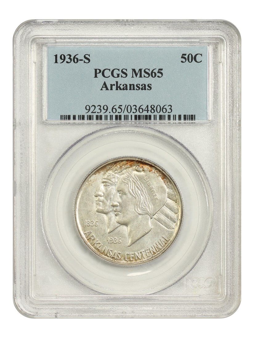 1936-S 50C Arkansas PCGS MS65 - Classic Silver Commemorative - Low Mintage Issue: 1936-S 50C Arkansas PCGS MS65 - Classic Silver Commemorative - Low Mintage Issue 1936-S 50C Arkansas Commemorative coin, graded MS65 by PCGS, is a low mintage issue from the San Francisco mint. This u