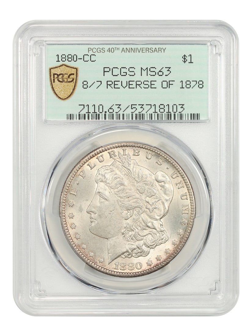 1880-CC $1 PCGS MS63 (8/ 7, Reverse of 1878) - Morgan Dollar - Neat Variety: 1880-CC $1 PCGS MS63 (8/ 7, Reverse of 1878) - Morgan Dollar - Neat Variety The 1880-CC Morgan Dollar, graded MS63 by PCGS, boasts a unique Reverse of 1878 variety, making it a neat addition to any co