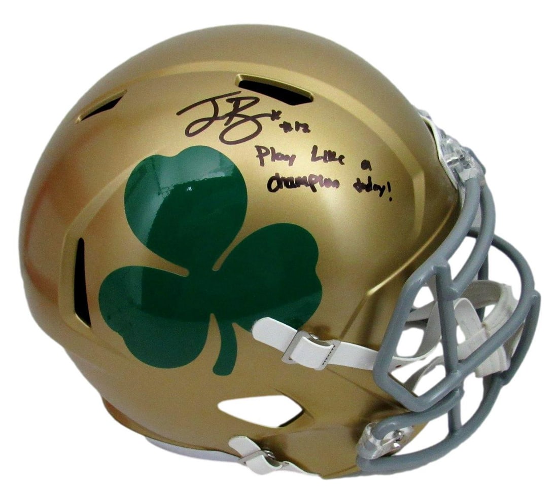 Ian Book Signed/ Inscr Notre Dame Gold Full Size Speed Rep Helmet Beckett 158850: Ian Book Signed/ Inscr Notre Dame Gold Full Size Speed Rep Helmet Beckett 158850 Original Notre Dame Gold Full Size Speed Rep Helmet, signed by Ian Book, a 2022 NCAA Football player. This helmet is a 