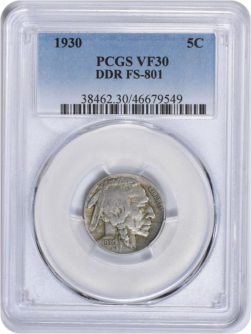 1930 Buffalo Nickel DDR FS-801 VF30 PCGS: 1930 Buffalo Nickel DDR FS-801 VF30 PCGS This 1930 Buffalo Nickel is a circulated example, bearing the distinctive design of the Buffalo nickel, with its iconic buffalo on the reverse. Certified by PC