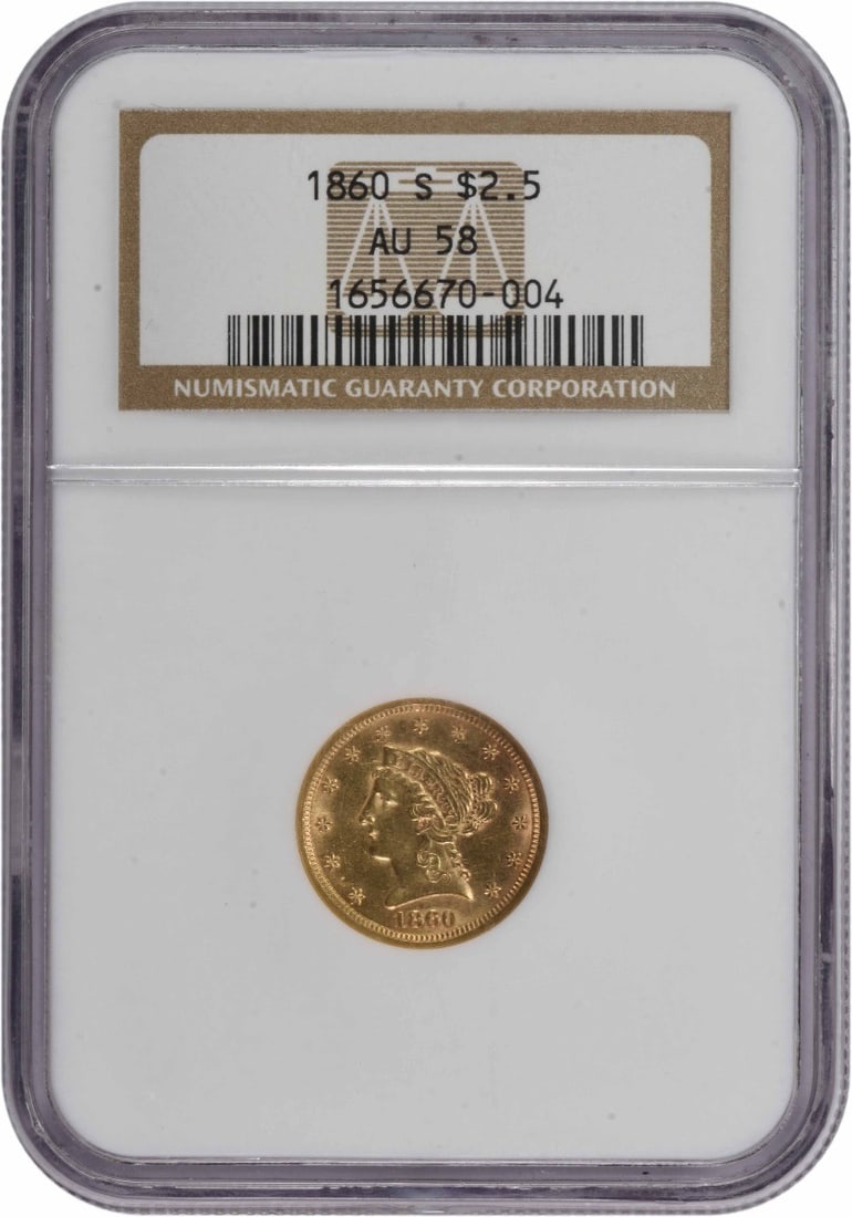 1860-S $2.50 Gold Liberty Head Type 2 AU58 NGC: 1860-S $2.50 Gold Liberty Head Type 2 AU58 NGC The 1860-S $2.50 Gold Liberty Head Type 2 features a stunning AU58 grade, showcasing its rich gold and copper composition. Certified by the NGC, this cir