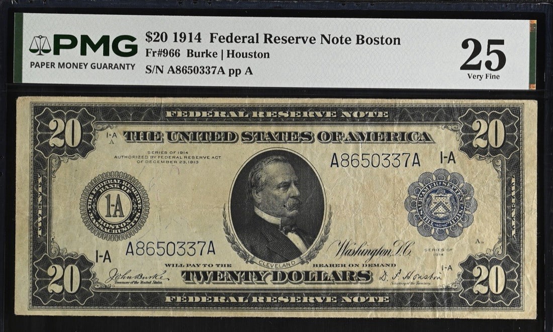 1914 $20 BLUE SEAL FEDERAL RESERVE NOTE BOSTON FR.966 PMG VF 25: 1914 $20 BLUE SEAL FEDERAL RESERVE NOTE BOSTON FR.966 PMG VF 25 Item Specifics: Circulated/Uncirculated: Circulated Denomination: Federal Reserve Note Year: 1914 Grade: 25 Certification: PMG Product D