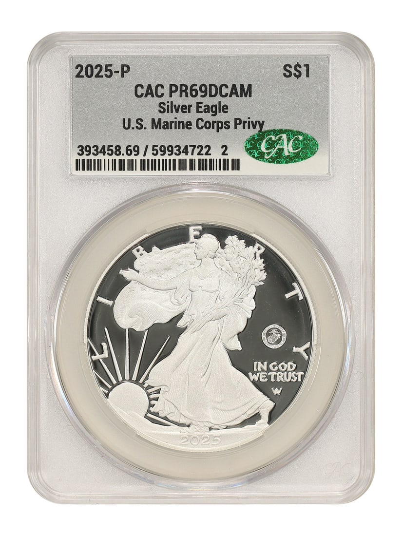 2025-P $1 Silver Eagle CACG PR69DCAM (Marine Corps Privy) - Silver Eagles: 2025-P $1 Silver Eagle CACG PR69DCAM (Marine Corps Privy) - Silver Eagles 2025-P $1 Silver Eagle CACG PR69DCAM features a Marine Corps Privy, a unique mint mark that adds a touch of history to this ci