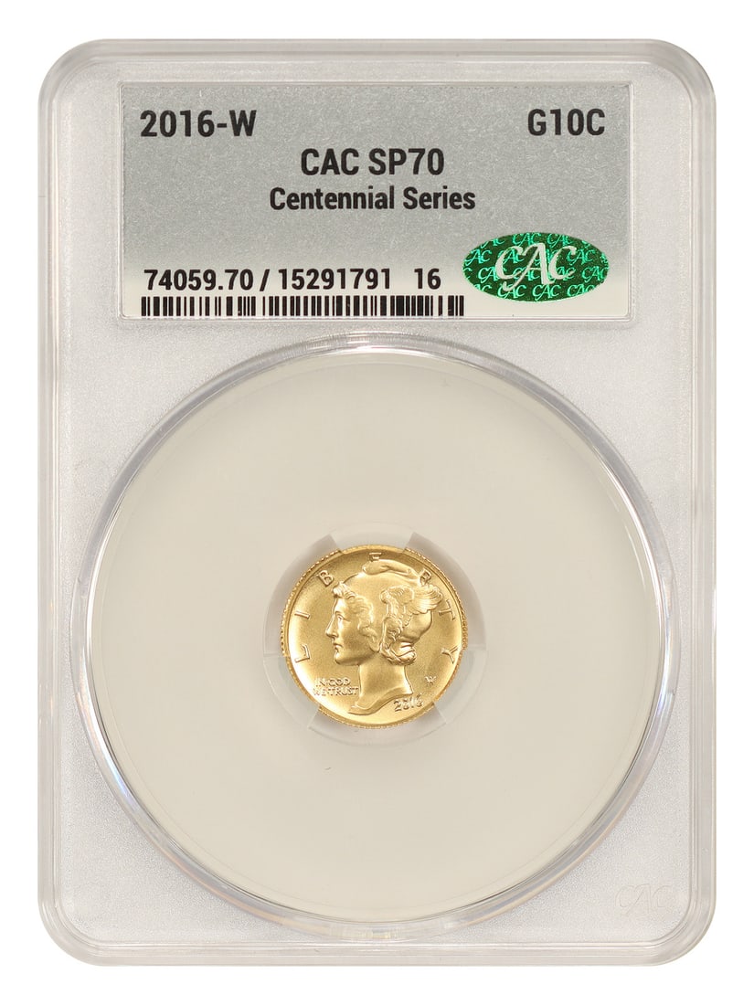 2016-W 10C Centennial Gold CACG SP70 (100th Anniversary): 2016-W 10C Centennial Gold CACG SP70 (100th Anniversary) The 2016-W 10C Centennial Gold CACG SP70 is a 10-cent gold coin commemorating the 100th anniversary of the United States' first gold standard. 
