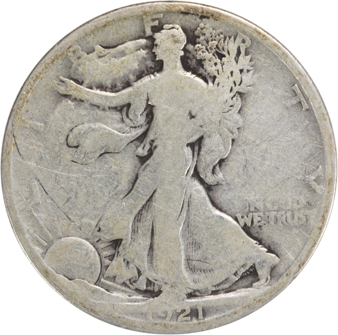 Uncertified Walking Liberty Silver Half Dollar 1921 D: Uncertified Walking Liberty Silver Half Dollar 1921 D The 1921 D Walking Liberty Silver Half Dollar boasts a distinctive design, featuring Adolph Alexander Weinman's iconic Liberty Walking portrait. W