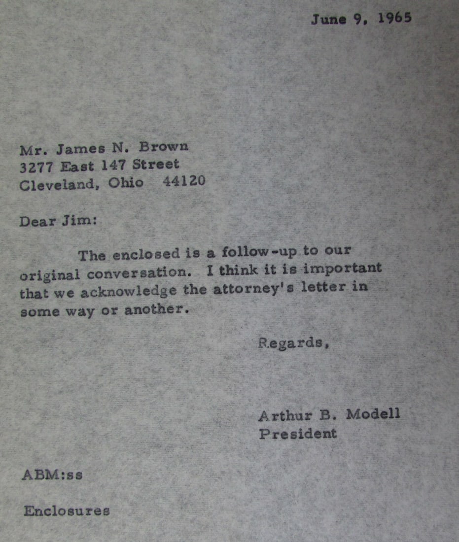 1965 Letters To and From Art Modell about Jim Brown Picture Lawsuit 145103 (1 of 6)