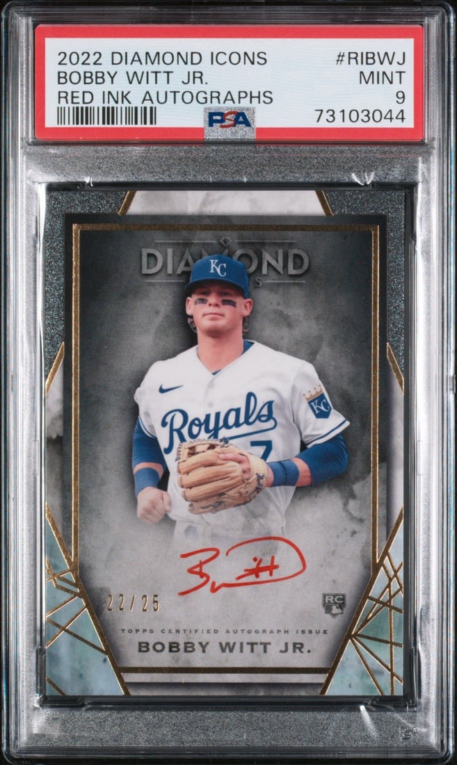 TOPPS DIAMOND ICONS BOBBY WITT JR RIBWJ RED INK ROOKIE AUTO 25 PSA 9: TOPPS DIAMOND ICONS BOBBY WITT JR RIBWJ RED INK ROOKIE AUTO 25 PSA 9 Bobby Witt Jr. Rookie Auto 25 PSA 9 Red Ink Card: A highly sought-after autographed rookie card from the 2022 Diamond Icons set, fe