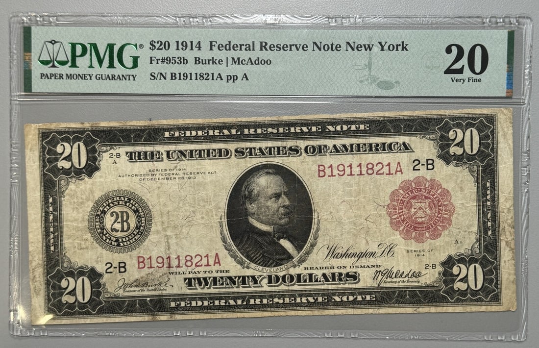 1914 $20 FEDERAL RESERVE NOTE RED SEAL FR#953B PMG VF 20: 1914 $20 FEDERAL RESERVE NOTE RED SEAL FR#953B PMG VF 20 Circulated 1914 $20 Federal Reserve Note Red Seal, featuring a distinctive FR#953B serial number, is presented in PMG VF 20 condition, a high l