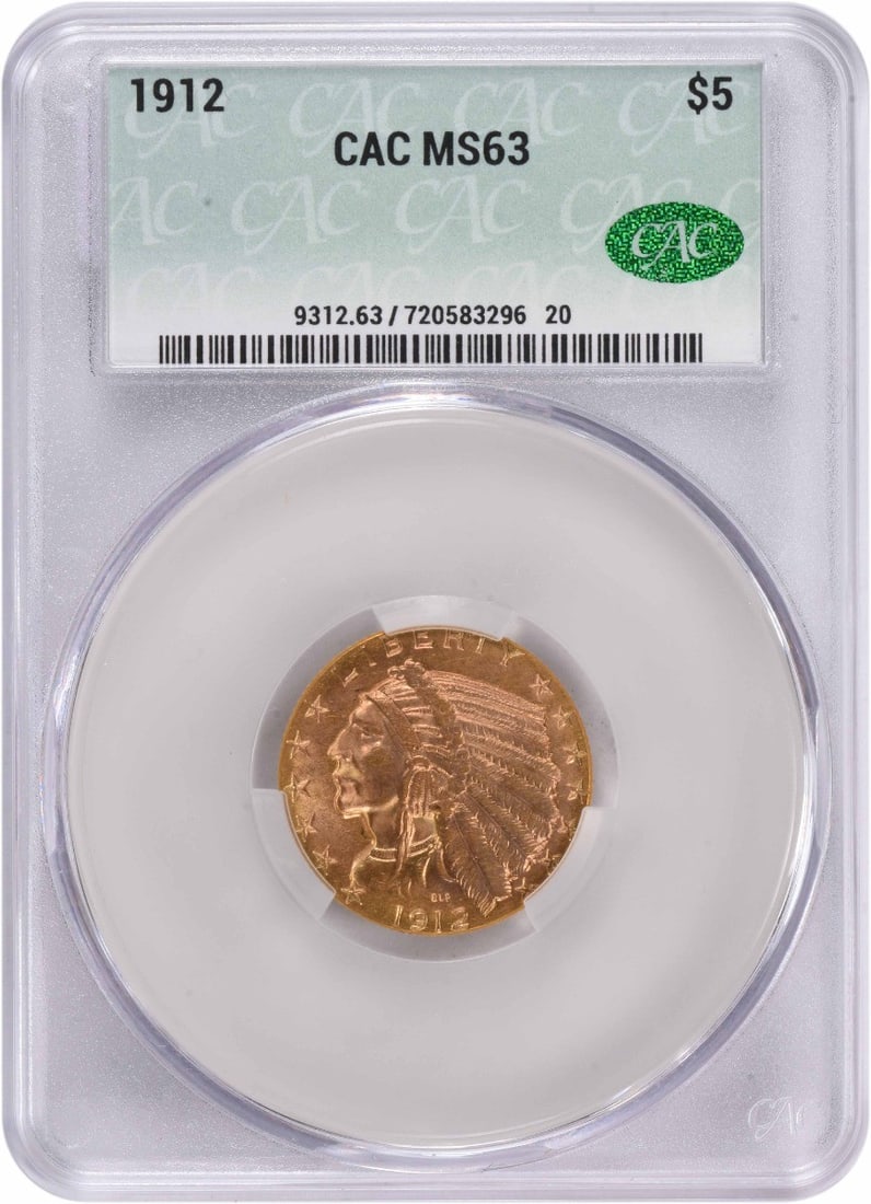1912 $5 Gold Indian MS63 CACG: 1912 $5 Gold Indian MS63 CACG The 1912 $5 Gold Indian MS63 CACG is a highly detailed and intricately designed coin, featuring the iconic portrait of Indian Chief Iron Tail on the obverse and a majesti
