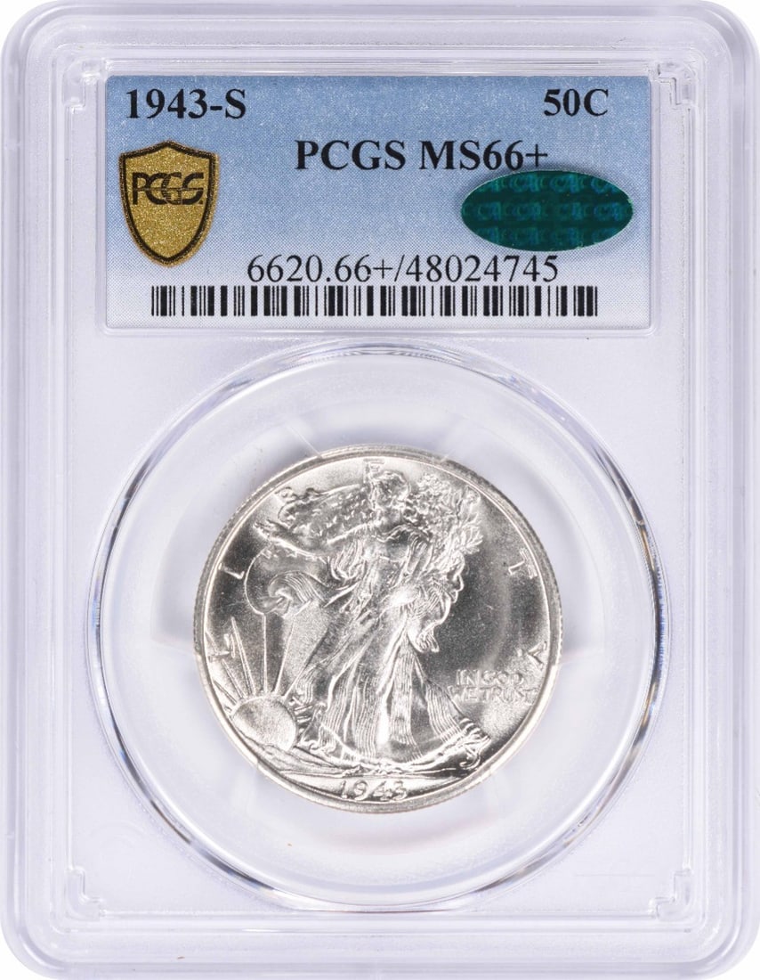 MS66+ CAC Walking Liberty Silver Half Dollar 1943-S: MS66+ CAC Walking Liberty Silver Half Dollar 1943-S MS66+ CAC Walking Liberty Silver Half Dollar 1943-S boasts a high grade of MS66, showcasing exceptional detail and luster, with a CAC certification 