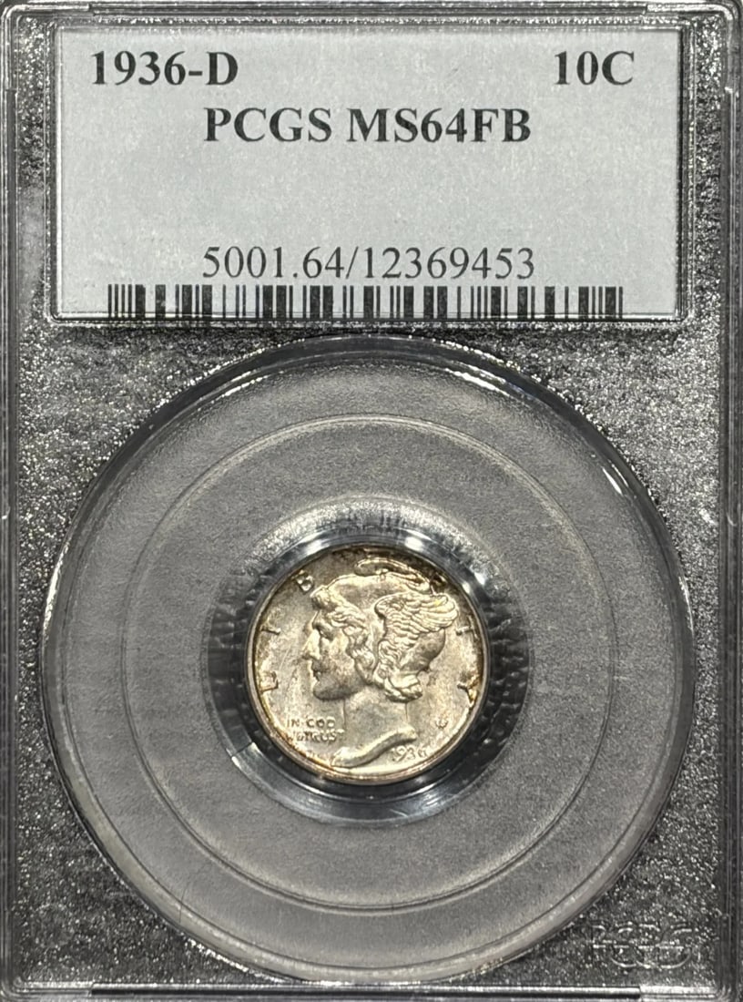 MERCURY DIME PCGS MS64 FB 1936-D: MERCURY DIME PCGS MS64 FB 1936-D PCGS MS64 FB 1936-D is a highly graded Mercury dime, boasting a MS64 grade and a Denver mint mark. This coin's exceptional condition and certified authenticity make