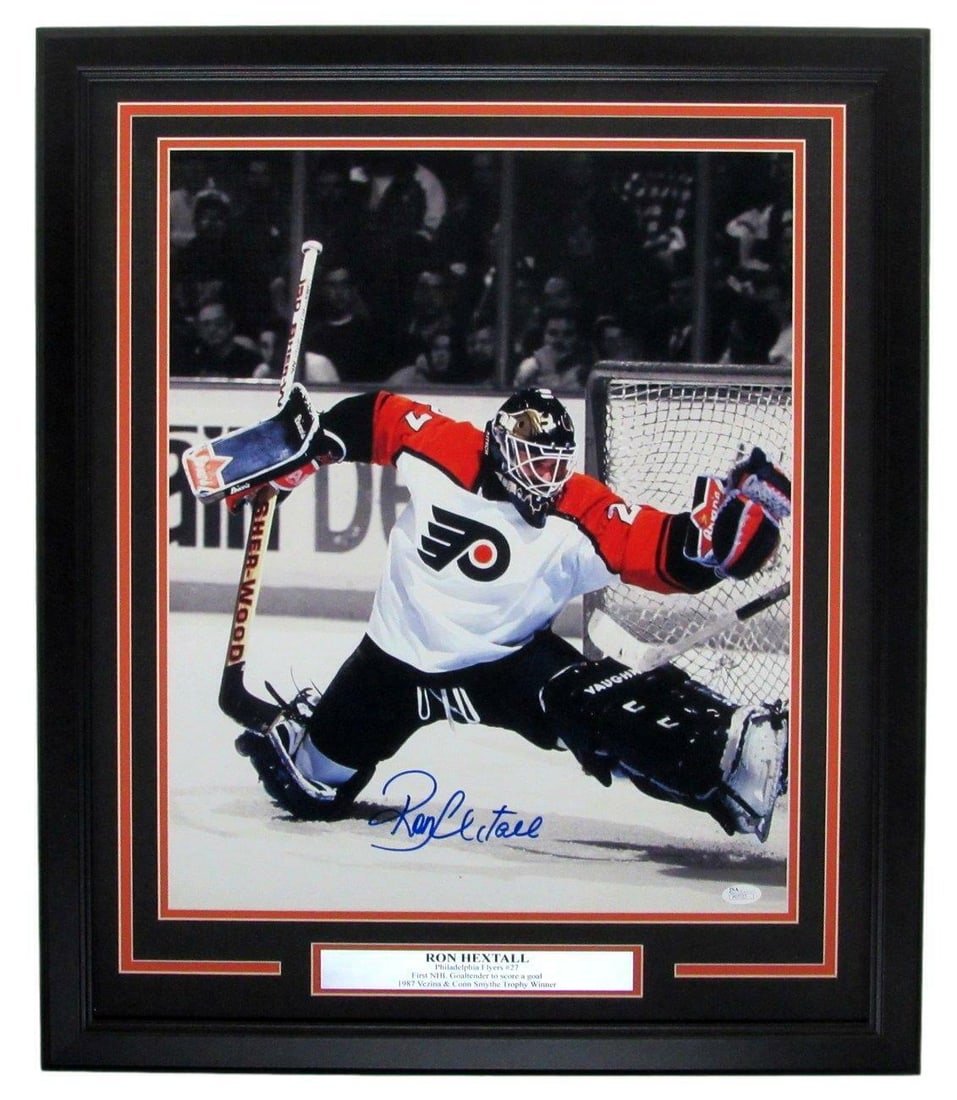 Ron Hextall Philadelphia Flyers Autographed/ Signed 16x20 Photo Framed JSA 134128: Ron Hextall Philadelphia Flyers Autographed/ Signed 16x20 Photo Framed JSA 134128 Authentic 16x20 photo of Ron Hextall, former goalie of the Philadelphia Flyers, signed and framed by JSA. This unique 