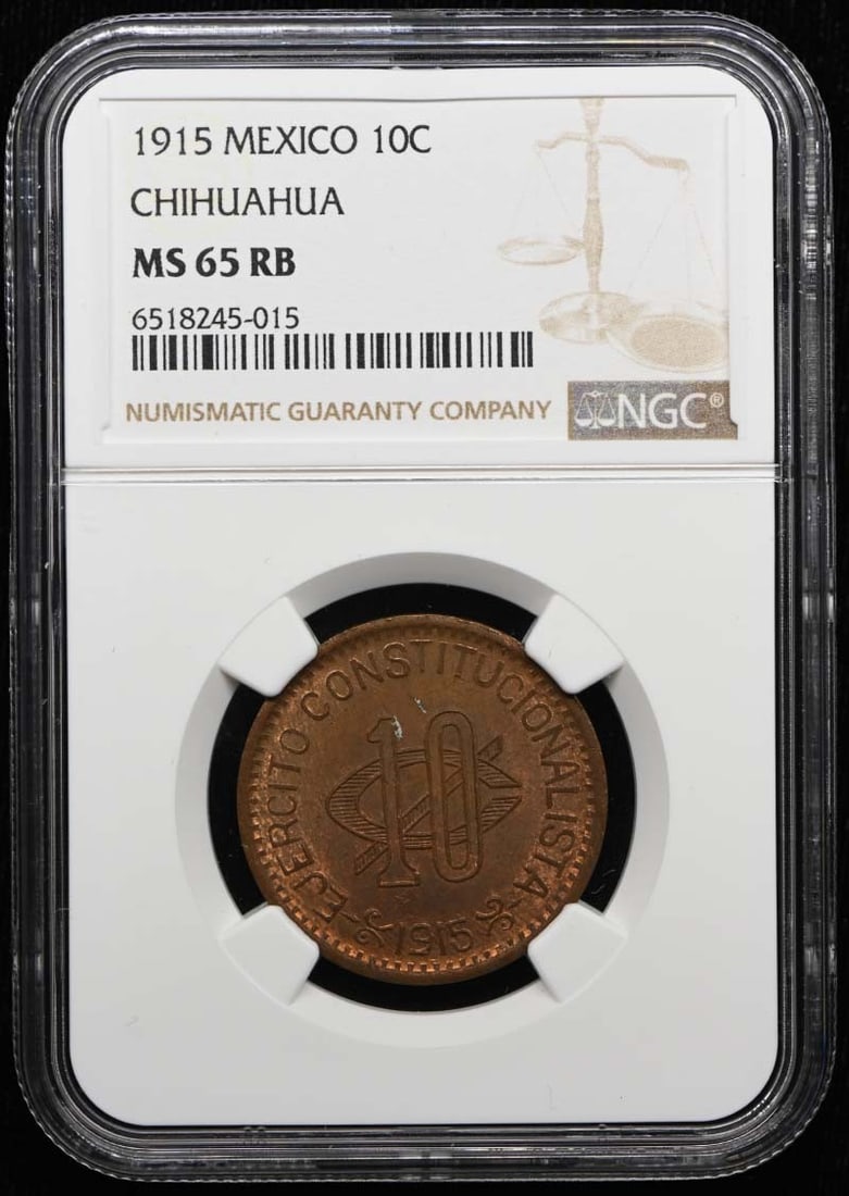 CHIHUAHUA KM-615 MEXICO 1915 10C GB-67 MS65RB NGC: CHIHUAHUA KM-615 MEXICO 1915 10C GB-67 MS65RB NGC The CHIHUAHUA KM-615 1915 10C GB-67 MS65RB NGC is a highly graded uncirculated Mexican coin, certified by the Numismatic Guaranty Corporation (NGC) wi