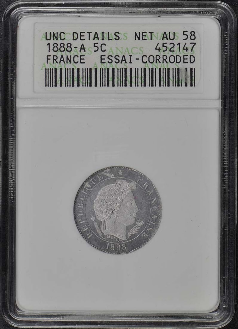 France ANACS 5C Essai 1888 AU58 Net: France ANACS 5C Essai 1888 AU58 Net Item Specifics: Circulated/Uncirculated: Uncirculated Year: 1881 Certification: ANACS Certification Number: 452147 Grade: AU Details Product Disclaimer: Grades are 