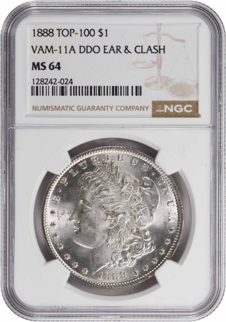 1888 VAM 11A Morgan Silver Dollar Ear & Clash MS64 NGC: 1888 VAM 11A Morgan Silver Dollar Ear & Clash MS64 NGC The 1888 VAM 11A Morgan Silver Dollar features a striking design by George T. Morgan, with its 90% silver and 10% copper composition making it a 