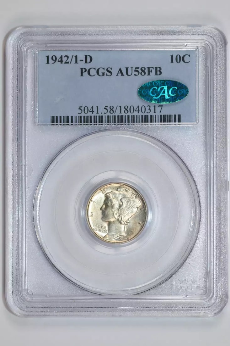 1942/ 1-D MERCURY DIME PCGS AU58 FB CAC - LOOKS NICER SUPER PQ: 1942/ 1-D MERCURY DIME PCGS AU58 FB CAC - LOOKS NICER SUPER PQ The 1942 Mercury dime is a circulated coin with a silver composition, graded AU 58 by PCGS, indicating a high level of quality. This coin