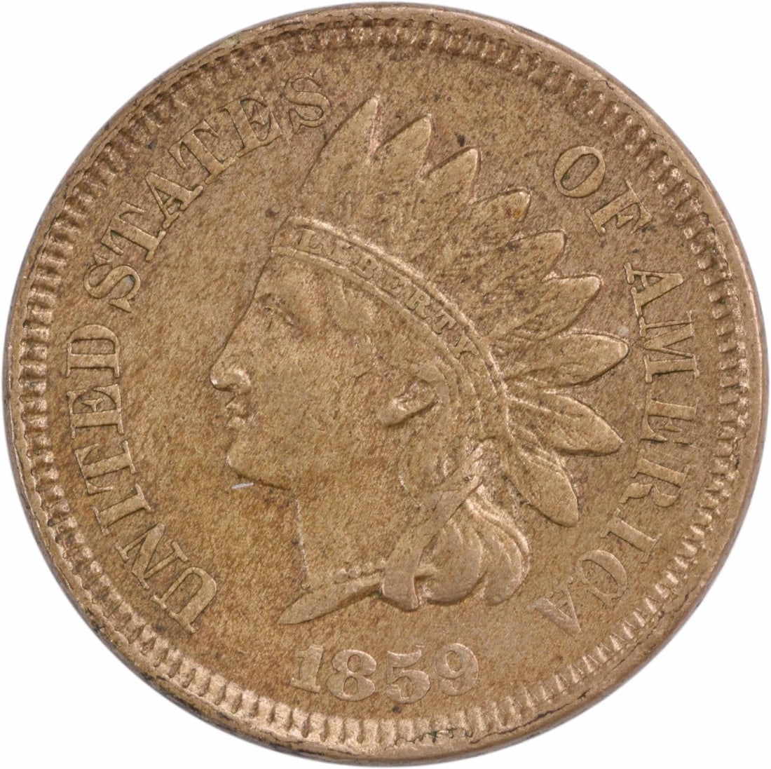 1859 Indian Cent AU Uncertified: 1859 Indian Cent AU Uncertified The 1859 Indian Cent is a copper small cent with a circulated grade of AU, bearing the KM number 87. This coin features no mint mark and is made of copper, a testament 