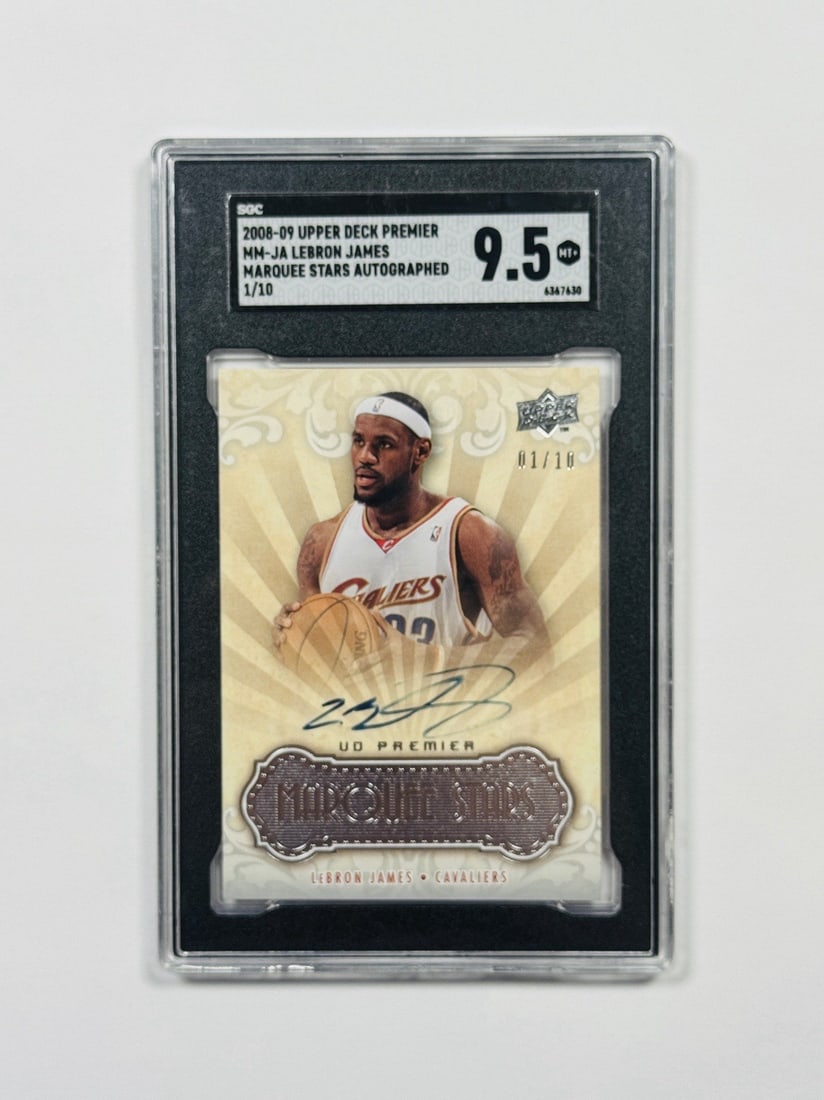 2008-09 UPPER DECK PREMIER LEBRON JAMES MARQUEE STARS AUTO/ 10 SGC 9.5: 2008-09 UPPER DECK PREMIER LEBRON JAMES MARQUEE STARS AUTO/ 10 SGC 9.5 2008-09 Upper Deck Premier Marquees autographed LeBron James card is a rare find from the 2008-09 season. This card features a 10