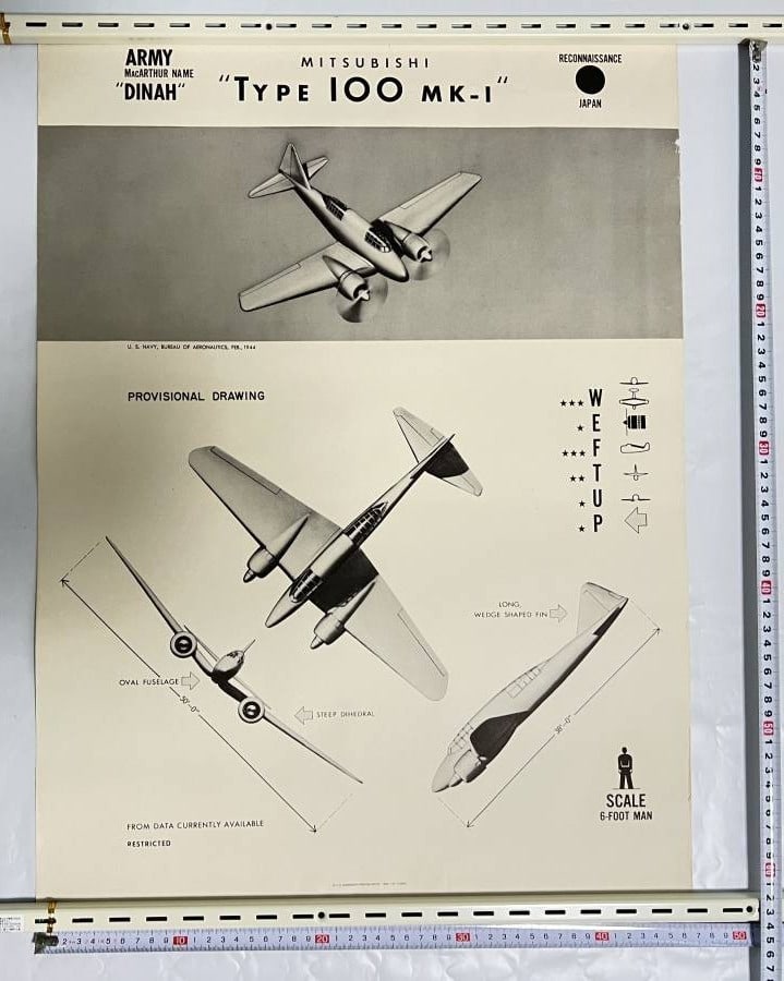 WWII US Navy Recognition Poster Mitsubishi Type 100 Dinah Plane Recon: WWII US Navy Recognition Poster Mitsubishi Type 100 Dinah Plane Recon Item Specifics: Conflict: WW II (1939-45) Original/Reproduction: Original Theme: Militaria Region Of Origin: United States Product