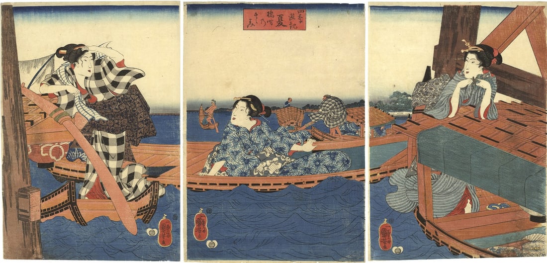 Kuniyoshi Woodblock Print Triptych Summer Three Beauties Under Bridge 1840s (1 of 1)