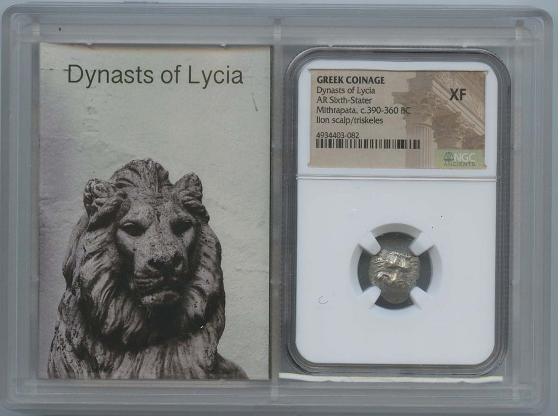 Dynasts of Lycia c390-360 Mithrapata AR Sixth Stater Greek NGC XF40 Story Vault: Dynasts of Lycia c390-360 Mithrapata AR Sixth Stater Greek NGC XF40 Story Vault NGC XF40 graded, this 6th Stater of Lycia c390-360 Mithrapata AR coin features a notable story in the world of ancient