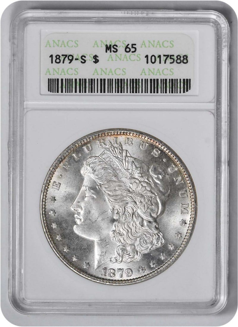 1879-S Morgan Silver Dollar MS65 ANACS: 1879-S Morgan Silver Dollar MS65 ANACS The 1879-S Morgan Silver Dollar MS65 ANACS is a highly graded, uncirculated coin with a rich history. Certified by the ANACS organization, this coin boasts a hig