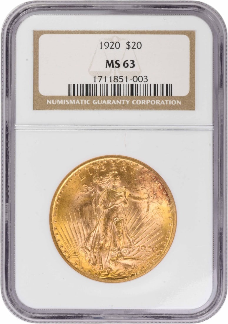 MS63 Gaudens Gold $20 St 1920: MS63 Gaudens Gold $20 St 1920 MS63 Gaudens Gold $20 St 1920 is a highly graded circulated/uncirculated gold $20 star note from 1920, certified by the NGC. This note features the iconic Gaudens design 