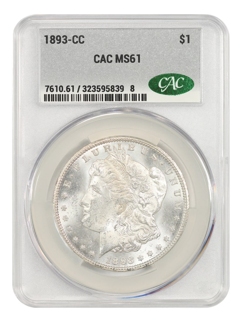 $1 CC-Mint 1893-CC MS61 CACG Very Scarce Dollar: $1 CC-Mint 1893-CC MS61 CACG Very Scarce Dollar The 1893-CC MS61 CACG Very Scarce Dollar is a rare and highly sought-after coin, boasting a Mint Mark of Carson City and a high grade of MS61, indicatin