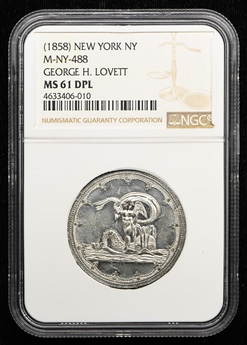 1858 NEW YORK M-NY-488 GEORGE H. LOVETT NY NGC MS61DMPL: 1858 NEW YORK M-NY-488 GEORGE H. LOVETT NY NGC MS61DMPL The 1858 New York $10 Gold Piece, NGC MS61DMPL, is a stunning example of 19th-century American numismatics. With its rich history and intricate 