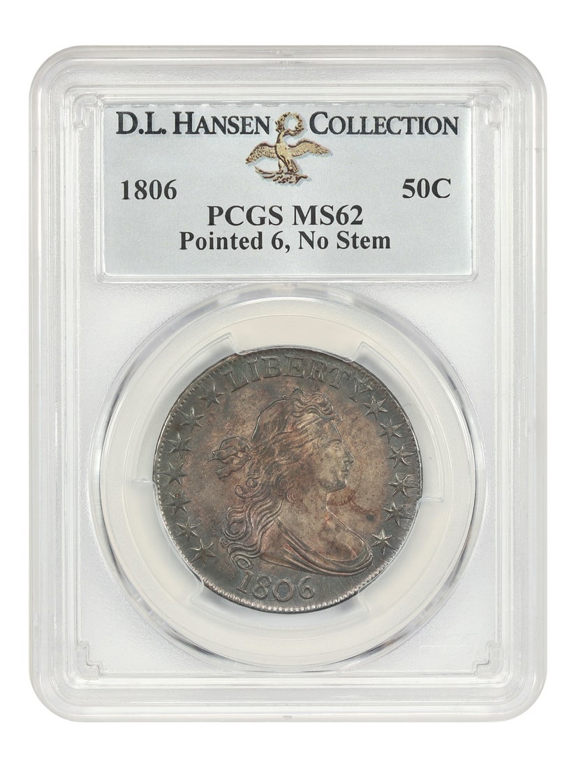 1806 50C PCGS MS62 (Pointed 6, No Stem) ex: D.L. Hansen: 1806 50C PCGS MS62 (Pointed 6, No Stem) ex: D.L. Hansen The 1806 50C PCGS MS62 features a distinctive pointed 6 and no stem, making it a notable variation among circulated coins. Certified by the Prof