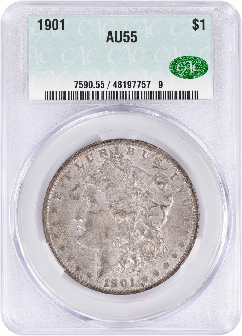 1901 Morgan Silver Dollar AU55 CACG: 1901 Morgan Silver Dollar AU55 CACG The 1901 Morgan Silver Dollar is a circulated coin with a rich history, featuring George T. Morgan's iconic design and a reeded edge. Made from 90% silver and 10% c