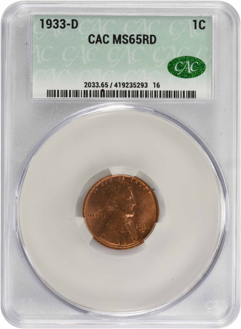 1933-D Lincoln Cent MS65RD CACG: 1933-D Lincoln Cent MS65RD CACG The 1933-D Lincoln Cent MS65RD CACG is a highly graded uncirculated coin, boasting a high level of detail and luster in its MS65 designation. Certified by CACG, this co