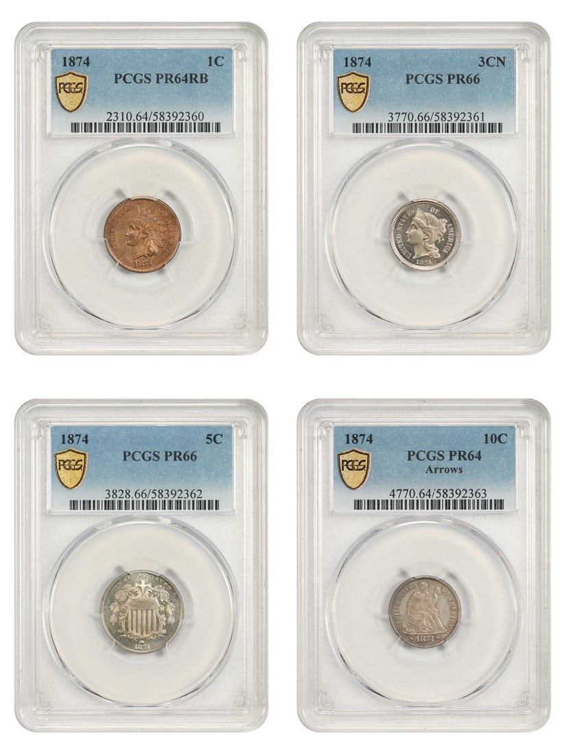 1874 Proof Set 1C-Trade$1 PCGS/ CAC PR64-66 (7 Coins) - Proof Sets: 1874 Proof Set 1C-Trade$1 PCGS/ CAC PR64-66 (7 Coins) - Proof Sets The 1874 Proof Set 1C-Trade$1 PCGS/CAC PR64-66 (7 Coins) is a rare and highly sought-after collection of seven coins, certified by th