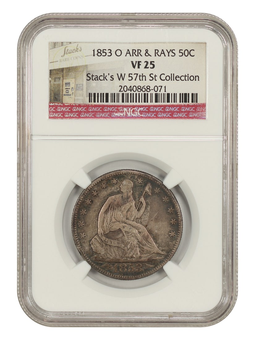 50C VF25 Liberty Seated Half Dollar 1853 O Arrows Rays: 50C VF25 Liberty Seated Half Dollar 1853 O Arrows Rays The 1853 O Arrows Rays Liberty Seated Half Dollar is a rare and historic coin, featuring a unique design with arrows and rays surrounding the obv
