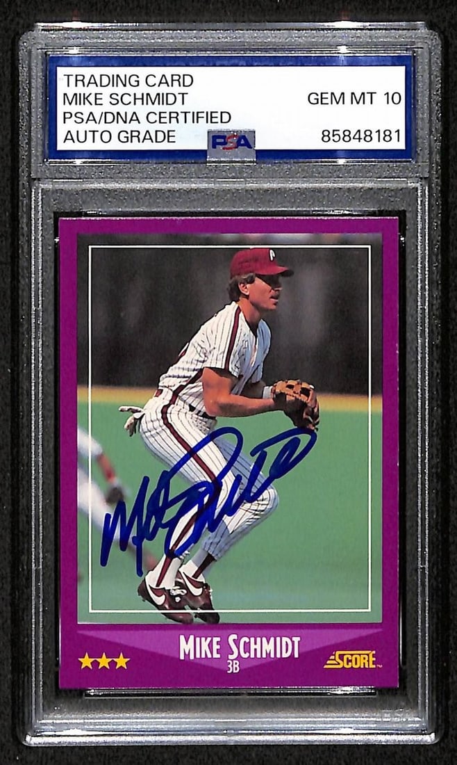 Mike Schmidt 1988 Score Card #16 Phillies HOF Signed PSA/ DNA Auto GEM 10 209365: Mike Schmidt 1988 Score Card #16 Phillies HOF Signed PSA/ DNA Auto GEM 10 209365 Mike Schmidt's 1988 Score Card #16 is a highly sought-after collectible, featuring the iconic Hall of Fame shortstop. T