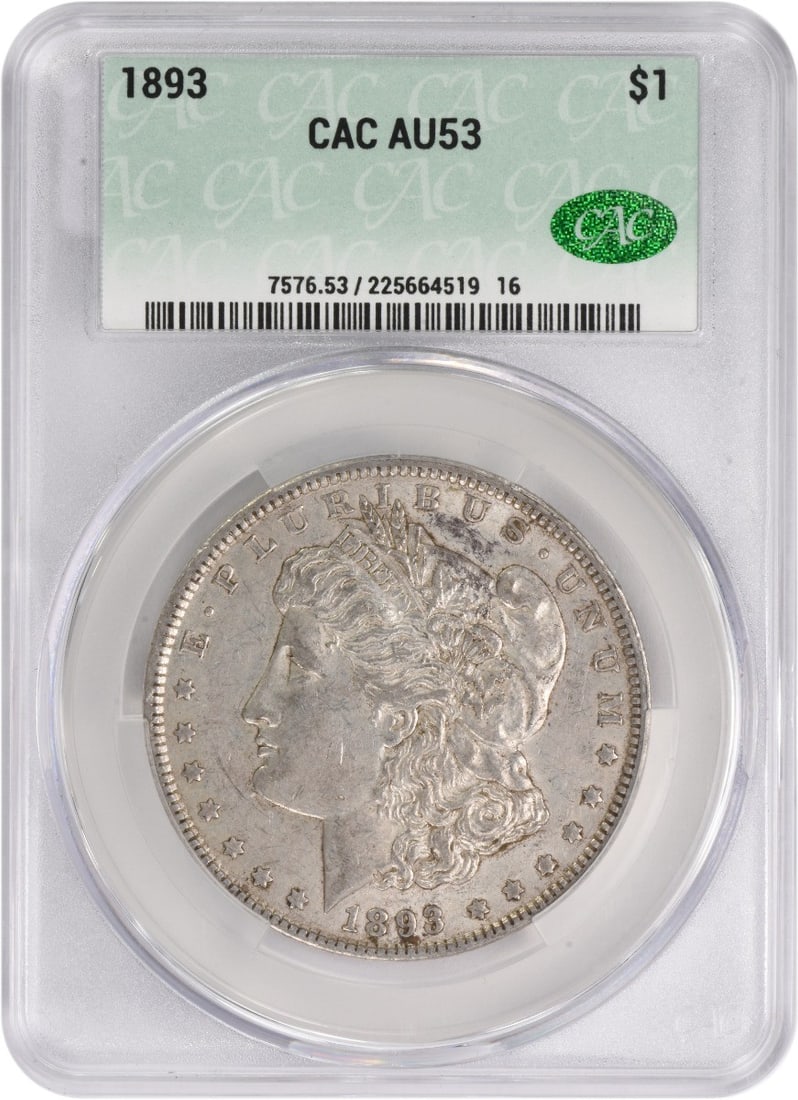 1893 Morgan Silver Dollar AU53 CACG: 1893 Morgan Silver Dollar AU53 CACG The 1893 Morgan Silver Dollar is a circulated example with a high grade of AU53, certified by the CACG. This coin features the iconic design of George T. Morgan and
