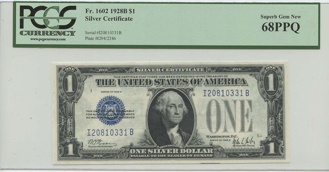 1928B $1 Silver Cert FR#1602 PCGS 68 Superb Gem New PPQ POP 15: 1928B $1 Silver Cert FR#1602 PCGS 68 Superb Gem New PPQ POP 15 The 1928B $1 Silver Certificate, graded MS68 by PCGS, boasts a Superb Gem condition with a Pop of 15, showcasing its exceptional state of