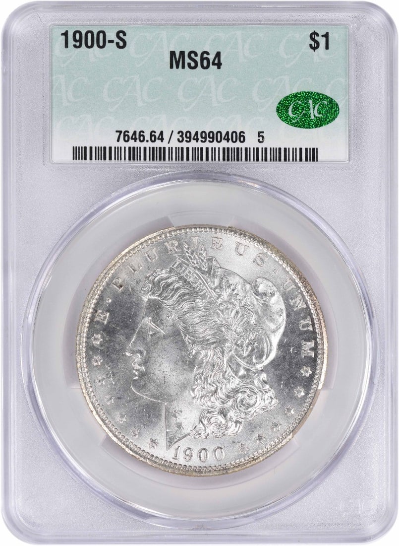1900-S Morgan Silver Dollar MS64 CACG: 1900-S Morgan Silver Dollar MS64 CACG The 1900-S Morgan Silver Dollar MS64 CACG boasts a rich history, featuring a high-grade MS64 finish and a CACG certification, which verifies its circulated state.