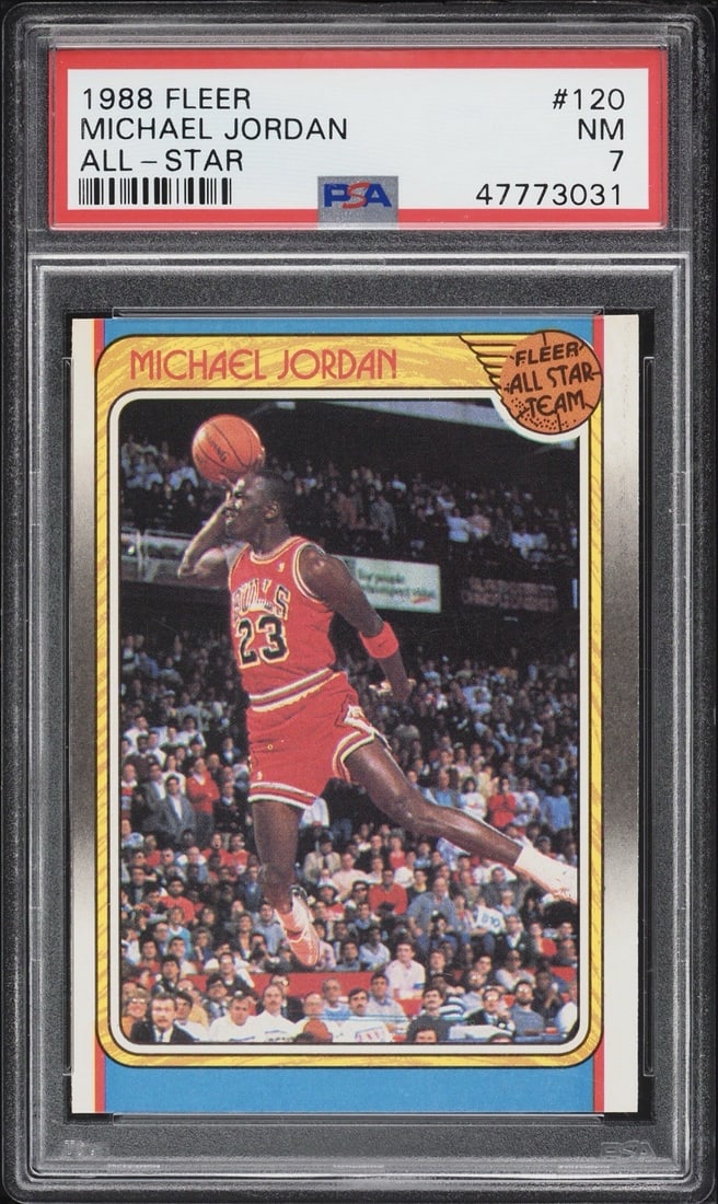 FLEER BASKETBALL ALL STAR MICHAEL JORDAN #120 1988 89 PSA: FLEER BASKETBALL ALL STAR MICHAEL JORDAN #120 1988 89 PSA The 1988-89 Fleer Basketball All-Star Michael Jordan #120 card is a highly sought-after collectible, graded 7 by Professional Sports Authentic