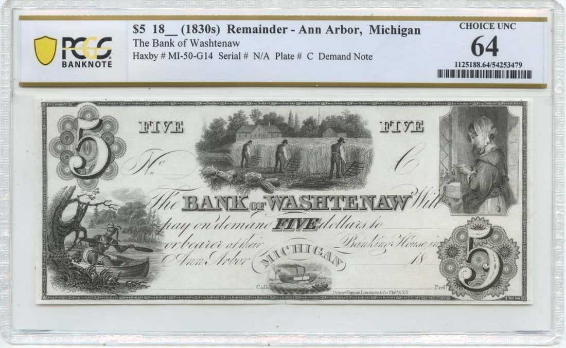 1830s $5 Ann Arbor, Michigan Obsolete Note Bank of Washtenaw PCGS CU64: 1830s $5 Ann Arbor, Michigan Obsolete Note Bank of Washtenaw PCGS CU64 The 1830s $5 Ann Arbor, Michigan Obsolete Note Bank of Washtenaw is a rare example of a circulated uncirculated demand note, grad