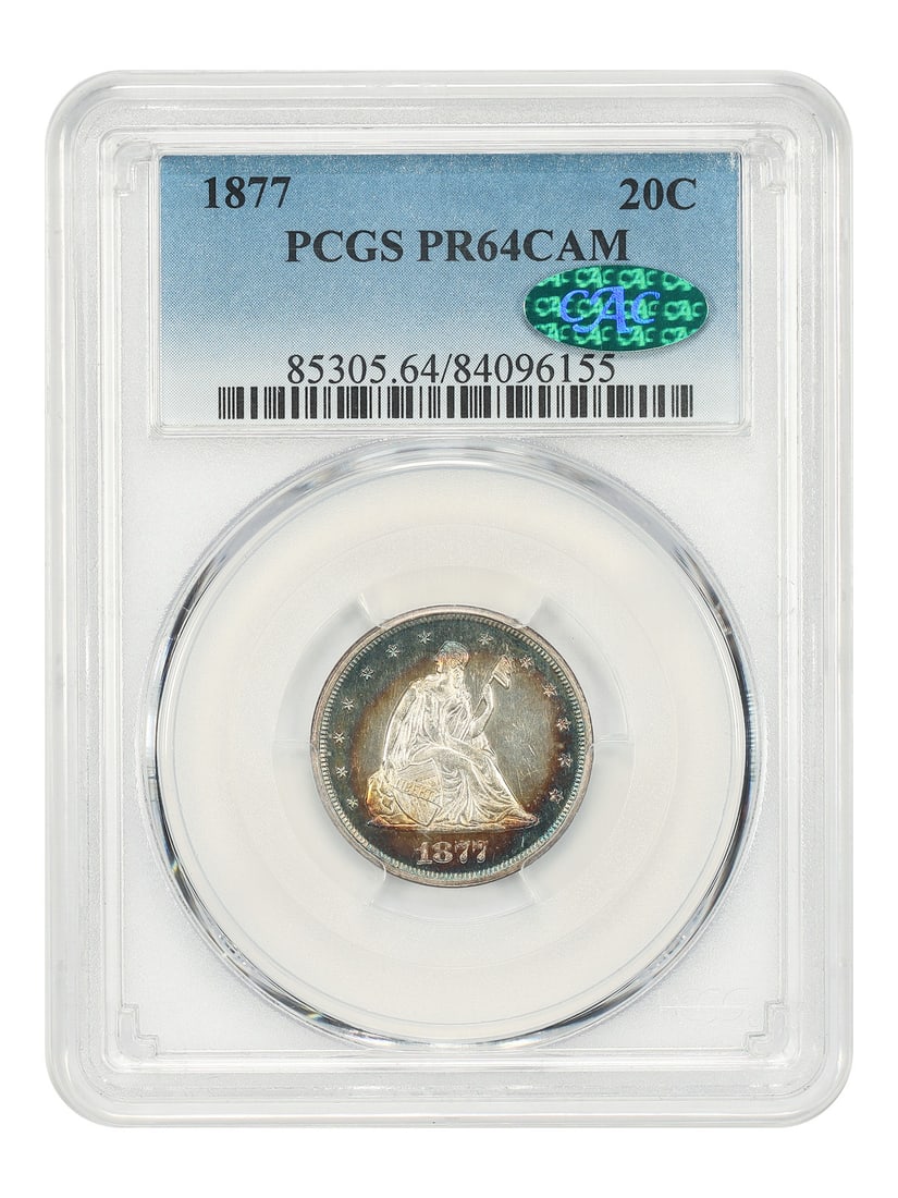 1877 20C PCGS/ CAC PR64CAM - Twenty Cent - Scarce Proof-Only Issue: 1877 20C PCGS/ CAC PR64CAM - Twenty Cent - Scarce Proof-Only Issue The 1877 20C PCGS/CAC PR64CAM is a rare and scarce proof-only issue, featuring a unique blend of historical significance and numismat